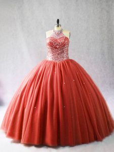 Discount Halter Top Sleeveless Brush Train Lace Up Sweet 16 Dresses Red Tulle