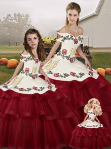 Wine Red Lace Up Quinceanera Gown Embroidery and Ruffled Layers Sleeveless Brush Train
