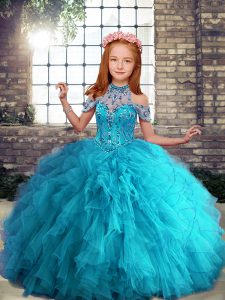 Stylish Aqua Blue Lace Up Halter Top Beading and Ruffles Pageant Gowns For Girls Tulle Sleeveless