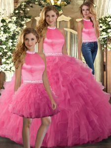 Adorable Hot Pink Halter Top Backless Ruffles 15th Birthday Dress Sleeveless