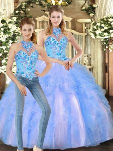 Flare Multi-color Tulle Lace Up Halter Top Sleeveless Floor Length Vestidos de Quinceanera Embroidery and Ruffles