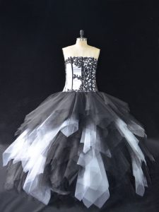 White And Black Tulle Lace Up Quince Ball Gowns Sleeveless Floor Length Lace and Ruffles