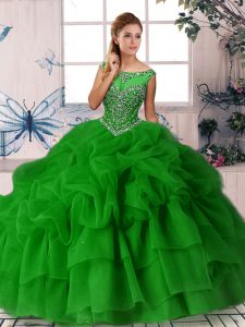 Fantastic Organza Sleeveless Quince Ball Gowns Brush Train and Beading and Pick Ups