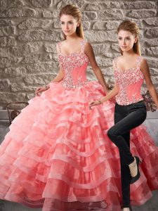 Watermelon Red Ball Gowns Straps Sleeveless Organza Court Train Lace Up Beading and Ruffled Layers Quinceanera Dresses