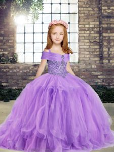 Lavender Ball Gowns Beading Child Pageant Dress Lace Up Tulle Sleeveless Floor Length