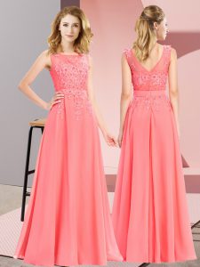Glittering Watermelon Red Zipper Scoop Beading and Appliques Quinceanera Court Dresses Chiffon Sleeveless