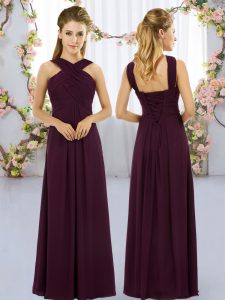 Burgundy Empire Chiffon Straps Sleeveless Ruching Floor Length Lace Up Dama Dress for Quinceanera