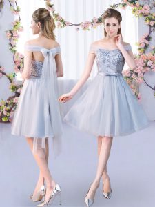 Popular Grey Empire Off The Shoulder Sleeveless Tulle Knee Length Lace Up Lace and Belt Quinceanera Court of Honor Dress