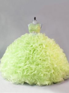 Latest Yellow Green Fabric With Rolling Flowers Zipper Ball Gown Prom Dress Sleeveless Floor Length Beading and Ruffles