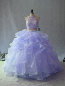 Sumptuous Halter Top Sleeveless Sweet 16 Dresses Floor Length Beading and Ruffles Lavender Organza