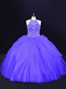 Simple Purple Ball Gowns Tulle Halter Top Sleeveless Beading Floor Length Lace Up Sweet 16 Dress