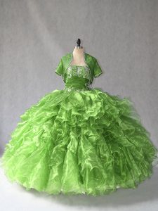 Flirting Green Sleeveless Beading and Ruffles Floor Length 15th Birthday Dress