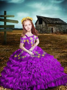 Purple Short Sleeves Organza Lace Up Little Girls Pageant Dress for Wedding Party