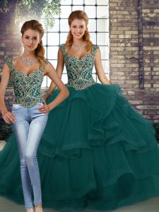 Noble Peacock Green Lace Up Straps Beading and Ruffles Vestidos de Quinceanera Tulle Sleeveless
