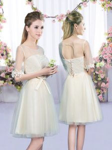 Fantastic Half Sleeves Mini Length Lace and Bowknot Lace Up Quinceanera Dama Dress with Champagne