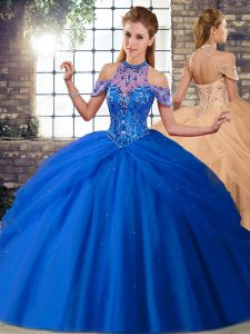 Superior Beading and Pick Ups Quinceanera Dresses Blue Lace Up Sleeveless Brush Train