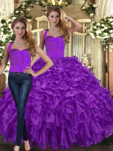 Top Selling Two Pieces Quince Ball Gowns Purple Halter Top Organza Sleeveless Floor Length Lace Up