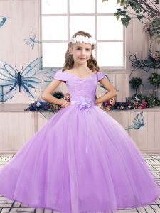 Sleeveless Tulle Floor Length Lace Up Pageant Dresses in Lavender with Belt