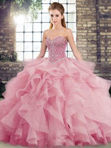 Pink Lace Up Sweetheart Beading and Ruffles Vestidos de Quinceanera Tulle Sleeveless Brush Train