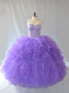 Fashionable Floor Length Lavender Sweet 16 Dresses Tulle Sleeveless Beading and Ruffles and Sequins