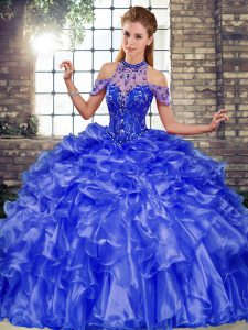 Popular Blue Organza Lace Up Sweet 16 Dresses Sleeveless Floor Length Beading and Ruffles