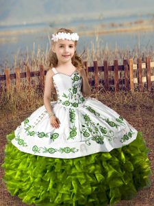 Trendy Olive Green Sleeveless Floor Length Embroidery and Ruffles Lace Up Pageant Dress for Teens