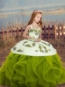 Eye-catching Olive Green Little Girls Pageant Dress Party and Sweet 16 and Wedding Party with Embroidery and Ruffles Straps Long Sleeves Lace Up