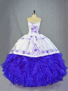 Sleeveless Beading and Embroidery and Ruffles Lace Up Quinceanera Dress with Blue And White Brush Train