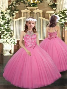 Classical Rose Pink Lace Up Halter Top Beading Little Girls Pageant Gowns Tulle Sleeveless