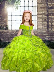 Floor Length Olive Green Little Girl Pageant Gowns Organza Sleeveless Beading
