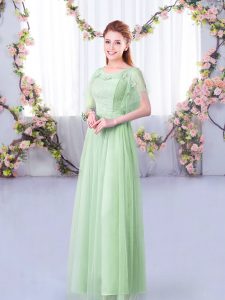 High Class Apple Green Side Zipper Court Dresses for Sweet 16 Lace and Belt Short Sleeves Floor Length