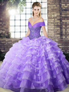High End Off The Shoulder Sleeveless Brush Train Lace Up Sweet 16 Dress Lavender Organza