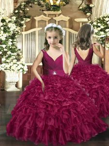 Sleeveless Floor Length Beading and Ruffles Backless Girls Pageant Dresses with Burgundy