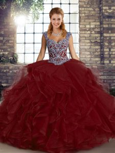 Wine Red Ball Gowns Straps Sleeveless Tulle Floor Length Lace Up Beading and Ruffles Quinceanera Gown