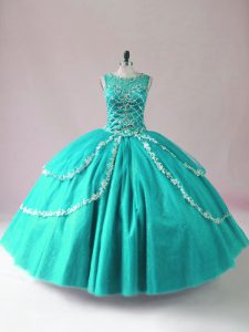 Floor Length Turquoise Sweet 16 Dresses Scoop Sleeveless Zipper