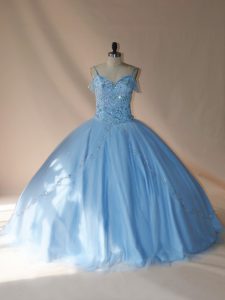 Blue and Light Blue Quinceanera Gown Sweet 16 and Quinceanera with Beading V-neck Sleeveless Brush Train Lace Up