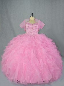Colorful Sweetheart Sleeveless 15 Quinceanera Dress Floor Length Beading and Ruffles Baby Pink Organza