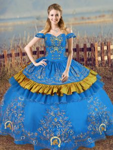 Sophisticated Satin Off The Shoulder Sleeveless Lace Up Embroidery 15th Birthday Dress in Blue