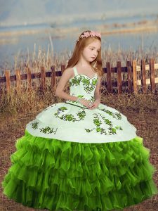Green Ball Gowns Organza Straps Sleeveless Embroidery and Ruffled Layers Floor Length Lace Up Pageant Gowns For Girls