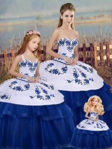 New Style Royal Blue Tulle Lace Up Quinceanera Dress Sleeveless Floor Length Embroidery and Bowknot
