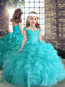 Pretty Aqua Blue Ball Gowns Organza Straps Sleeveless Beading and Ruffles Floor Length Side Zipper Little Girls Pageant Dress Wholesale
