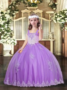 Cute Lavender Tulle Lace Up Straps Sleeveless Floor Length Pageant Gowns For Girls Appliques