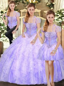 Pretty Strapless Sleeveless Lace Up 15th Birthday Dress Lavender Tulle