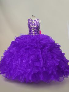 Sleeveless Lace Up Floor Length Ruffles and Sequins Sweet 16 Dress