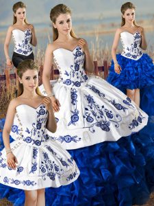 Custom Made Blue And White Satin and Organza Lace Up Ball Gown Prom Dress Sleeveless Floor Length Embroidery and Ruffles