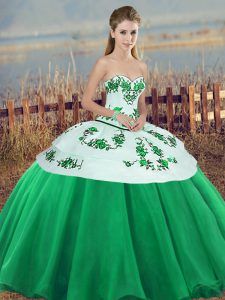 Green Ball Gowns Sweetheart Sleeveless Tulle Floor Length Lace Up Embroidery and Bowknot Quinceanera Dress