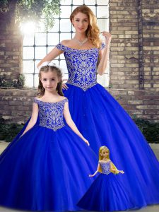 Hot Sale Royal Blue Tulle Lace Up Off The Shoulder Sleeveless Sweet 16 Quinceanera Dress Brush Train Beading