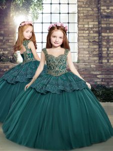 Teal Straps Neckline Beading and Appliques Child Pageant Dress Sleeveless Side Zipper