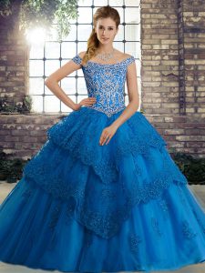 Blue 15th Birthday Dress Military Ball and Sweet 16 and Quinceanera with Beading and Lace Off The Shoulder Sleeveless Brush Train Lace Up