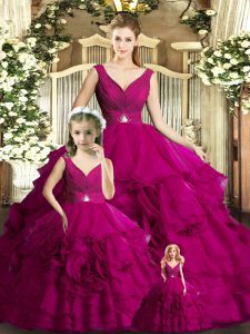 New Arrival Fuchsia Ball Gowns Beading and Ruffles Vestidos de Quinceanera Backless Organza Sleeveless Floor Length